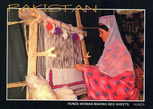 (image for) Pakistan Beautiful Postcard Hunza Woman Making Bed Sheets
